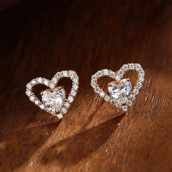 Wholesale Stud Earrings Copper Heart Shaped Inlaid Zircon For Women Simple Style