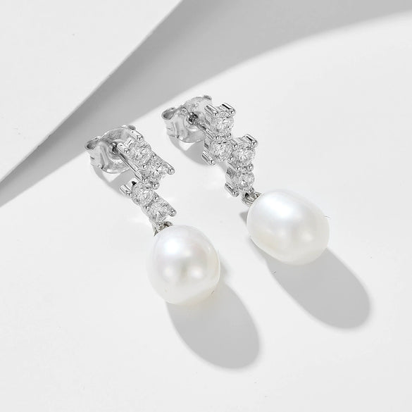 Wholesale Stud Earrings Freshwater Pearl S925 Sterling Silver Geometric Pearl Inlaid For Women