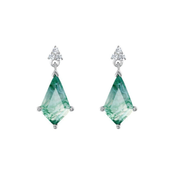 Wholesale Stud Earrings Geometric Green Moss Stone S925 Silver Water Grass Agate Diamond Design For Women