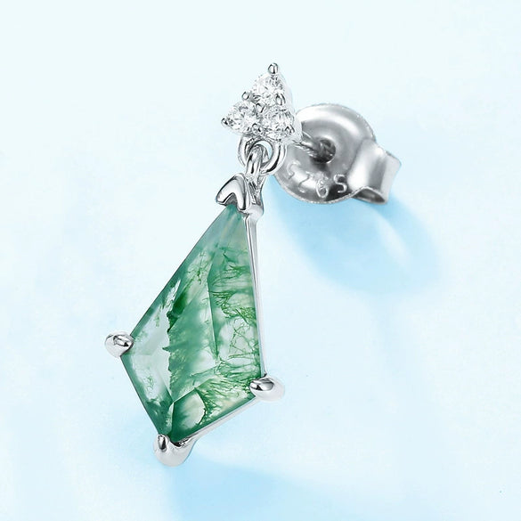 Wholesale Stud Earrings Geometric Green Moss Stone S925 Silver Water Grass Agate Diamond Design For Women