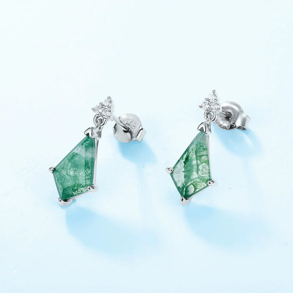 Wholesale Stud Earrings Geometric Green Moss Stone S925 Silver Water Grass Agate Diamond Design For Women