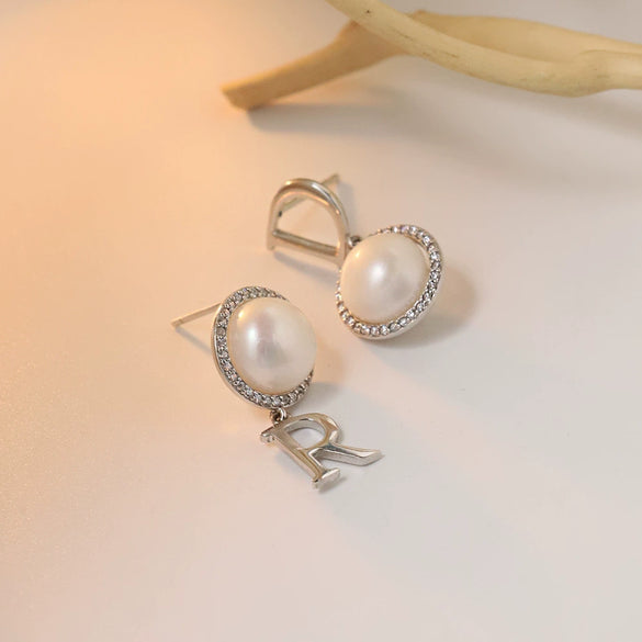 Wholesale Stud Earrings S925 Silver With Natural Freshwater Pearl Pendant Handmade Letter Geometric Niche Style