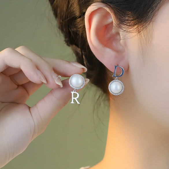 Wholesale Stud Earrings S925 Silver With Natural Freshwater Pearl Pendant Handmade Letter Geometric Niche Style