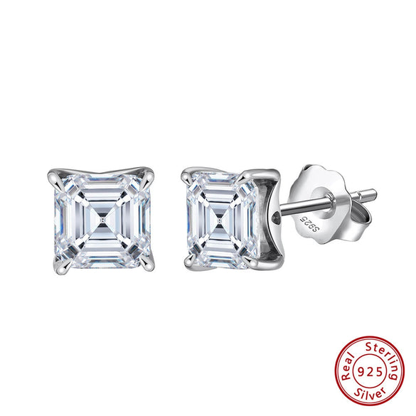 Wholesale Stud Earrings 925 Silver Cubic Zirconia Geometric Fourprong Square Inlaid Electroplated