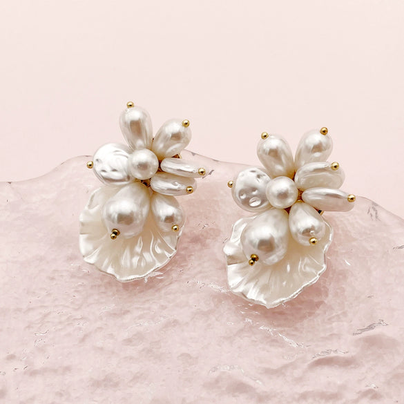 Wholesale Stud Earrings Stainless Steel Geometric Pearl Shell Flower Electroplated For Women