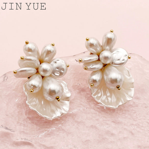 Wholesale Stud Earrings Stainless Steel Geometric Pearl Shell Flower Electroplated For Women