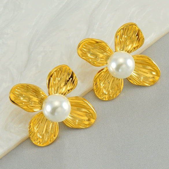 Wholesale Stud Earrings Stainless Steel Pearl Flower Electroplating Fashion Women's