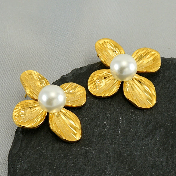 Wholesale Stud Earrings Stainless Steel Pearl Flower Electroplating Fashion Women's