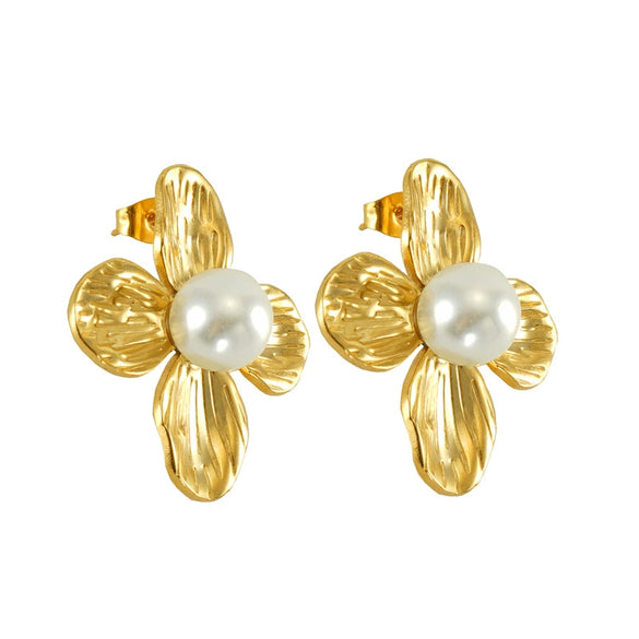 Wholesale Stud Earrings Stainless Steel Pearl Flower Electroplating Fashion Women's