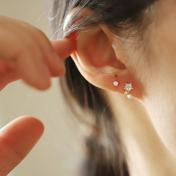 Wholesale Stud Earrings Sterling Silver Fivepointed Star Pearl Inlaid For Women Cute Style