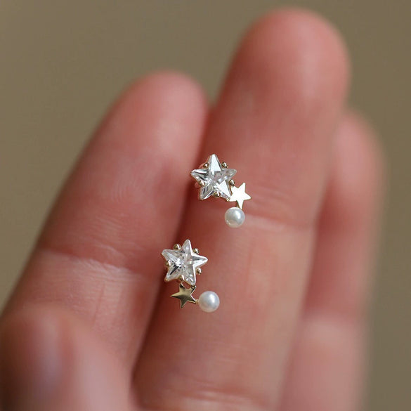 Wholesale Stud Earrings Sterling Silver Fivepointed Star Pearl Inlaid For Women Cute Style
