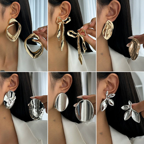 Wholesale Stud Earrings Zinc Alloy Geometric Irregular Fold Corrugated Smooth Petal Bow Style With Stainless Steel Ear Needles And Electroplating
