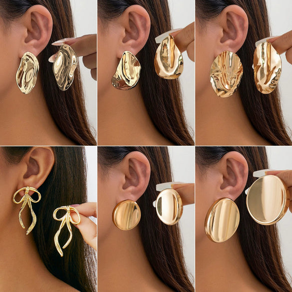Wholesale Stud Earrings Zinc Alloy Geometric Irregular Fold Corrugated Smooth Petal Bow Style With Stainless Steel Ear Needles And Electroplating