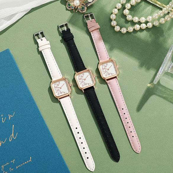 Wholesale Student Women's Watch Alloy Case Imitation Leather Strap Square Dial Butterfly Pattern