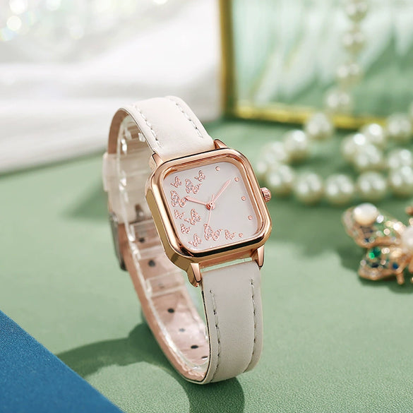 Wholesale Student Women's Watch Alloy Case Imitation Leather Strap Square Dial Butterfly Pattern