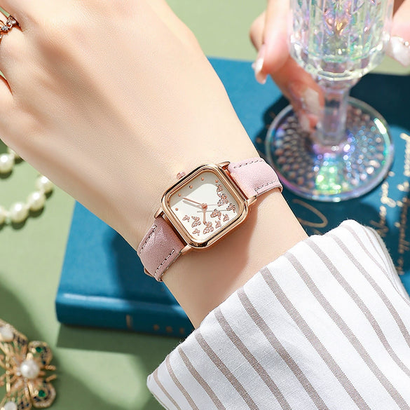Wholesale Student Women's Watch Alloy Case Imitation Leather Strap Square Dial Butterfly Pattern
