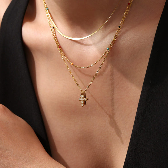 Wholesale Stylish Cross Clavicle Necklace For Women Stainless Steel With 18K Gold Multi Layer Color Preserving Electroplating Geometric Pattern