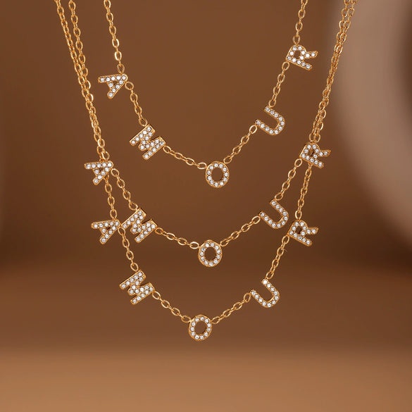 Wholesale Stylish English Letter Clavicle Necklace And Bracelet Set For Women Titanium Steel Electroplated 5A Zircon