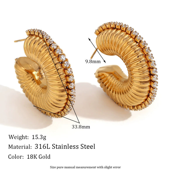 Wholesale Stylish Exaggerated Geometric Stainless Steel 18K Gold Plated Zircon Trim Threaded Hollow Earrings For Women