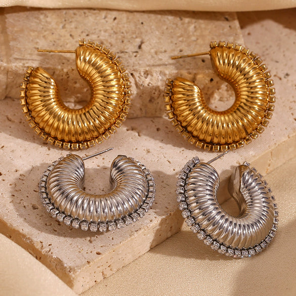Wholesale Stylish Exaggerated Geometric Stainless Steel 18K Gold Plated Zircon Trim Threaded Hollow Earrings For Women