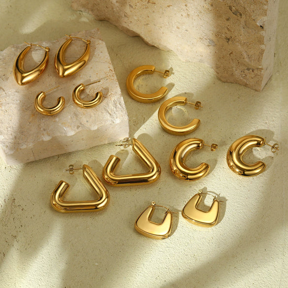 Wholesale Stylish Exaggerated Stainless Steel 18K Gold Geometric Triangle Cshaped Electroplated Women's Earrings