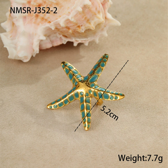 Wholesale Stylish Ocean Style Stainless Steel Colorful Oil Dripping Star Earrings And Titanium Steel Ring With Electroplating