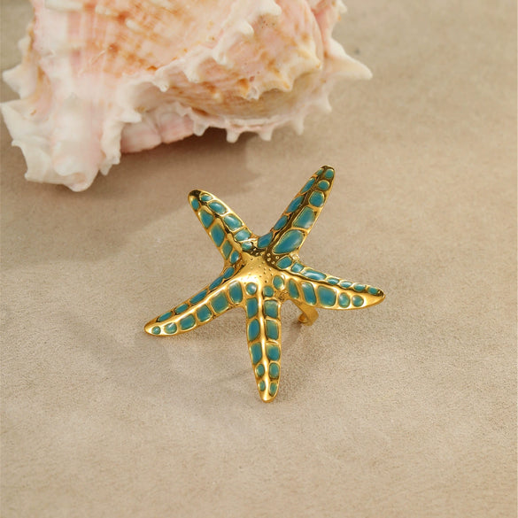 Wholesale Stylish Ocean Style Stainless Steel Colorful Oil Dripping Star Earrings And Titanium Steel Ring With Electroplating