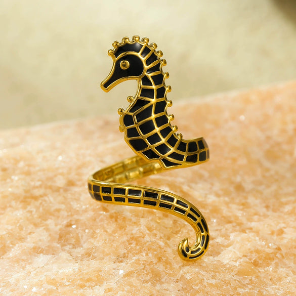 Wholesale Stylish Oil Dripping Seahorse Stainless Steel Ring With Electroplating Jewelry