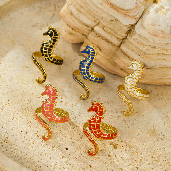 Wholesale Stylish Oil Dripping Seahorse Stainless Steel Ring With Electroplating Jewelry