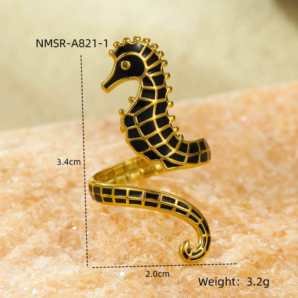 Wholesale Stylish Oil Dripping Seahorse Stainless Steel Ring With Electroplating Jewelry