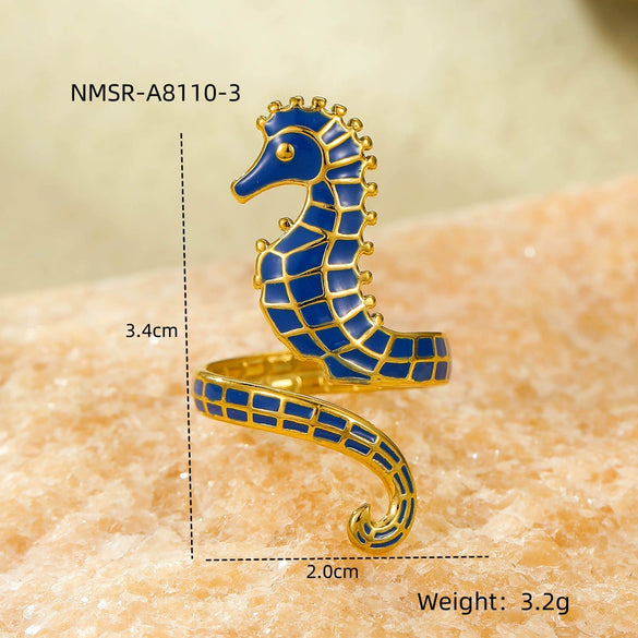 Wholesale Stylish Oil Dripping Seahorse Stainless Steel Ring With Electroplating Jewelry