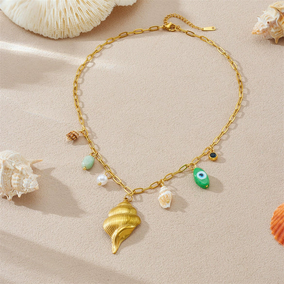 Wholesale Stylish Summer Ocean Conch Pendant Stainless Steel Goldplated Necklace For Women