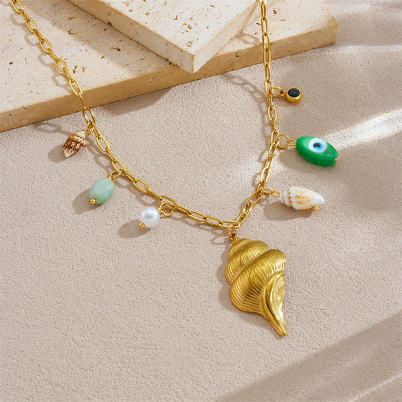Wholesale Stylish Summer Ocean Conch Pendant Stainless Steel Goldplated Necklace For Women