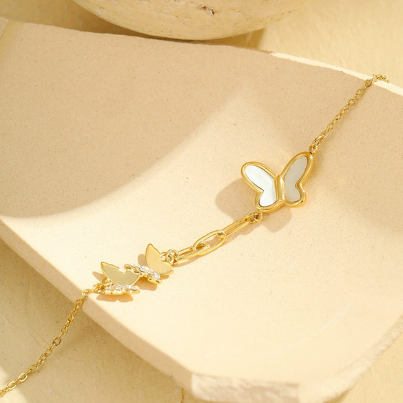Wholesale Summer Trend Ins Wind White Shell Butterfly Diamond Double Stacked Anklet Stainless Steel 18K Geometric Foot Chain