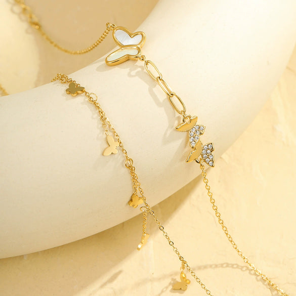 Wholesale Summer Trend Ins Wind White Shell Butterfly Diamond Double Stacked Anklet Stainless Steel 18K Geometric Foot Chain