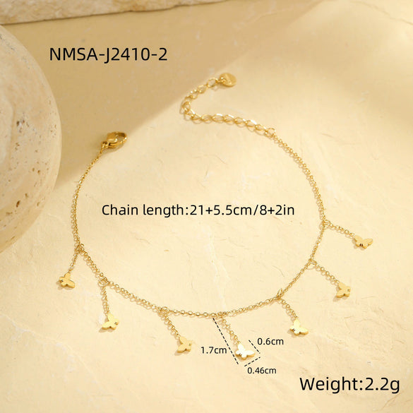 Wholesale Summer Trend Ins Wind White Shell Butterfly Diamond Double Stacked Anklet Stainless Steel 18K Geometric Foot Chain