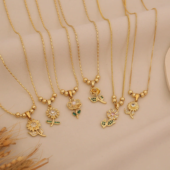 Wholesale Sunflower Pendant Necklace Light Luxury 18K Plated Copper Floral Pastoral Style Jewelry