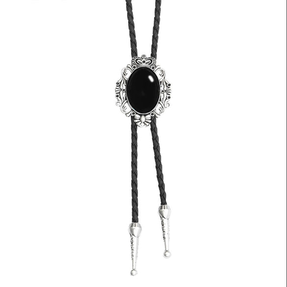 Wholesale Sweater Chain Bolo Tie Retro Vintage Style Artificial Leather Crown Alloy Inlaid Pendant Necklace With Plaid Pattern