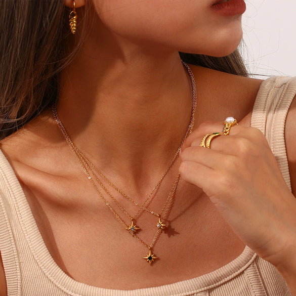 Wholesale Sweater Chain Jewelry Stainless Steel Geometric Eightpointed Star Pendant Necklace For Women