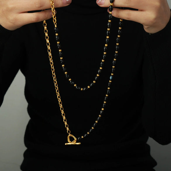 Wholesale Sweater Chain Necklace Jewelry Women Retro Geometric Style Titanium Steel Gilded Agate Handmade Beaded