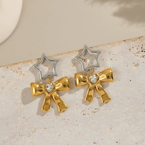 Wholesale Sweet And Cool Style Bow Earrings Stainless Steel 18K Gold Electroplated Non Fading Waterproof