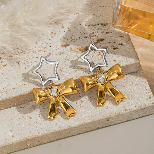 Wholesale Sweet And Cool Style Bow Earrings Stainless Steel 18K Gold Electroplated Non Fading Waterproof