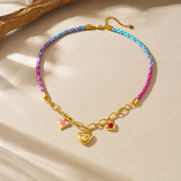 Wholesale Sweet And Cool Style Electroplated Stainless Steel Heartshaped Handwoven Rope Chain Necklace For Women