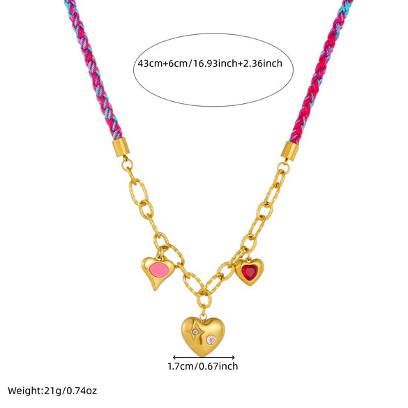 Wholesale Sweet And Cool Style Electroplated Stainless Steel Heartshaped Handwoven Rope Chain Necklace For Women