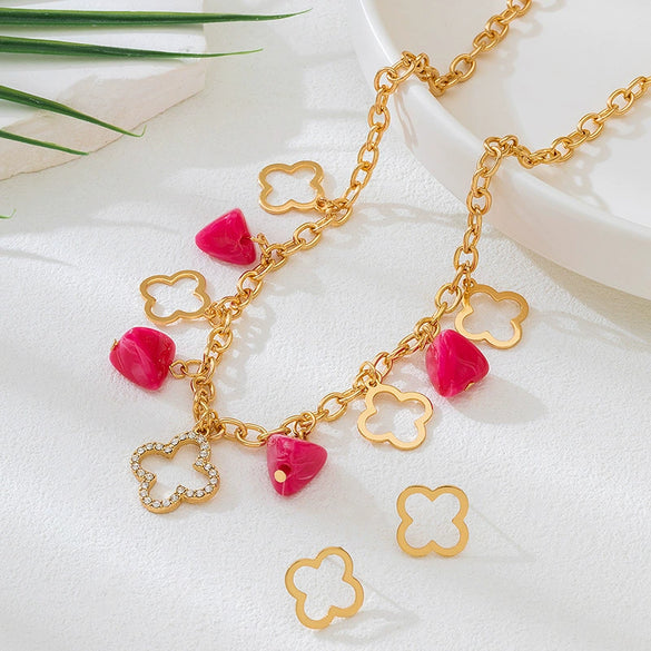 Wholesale Sweet And Cool Style Flower Shaped Zinc Alloy Electroplated Pendant Necklace And Earrings For Women