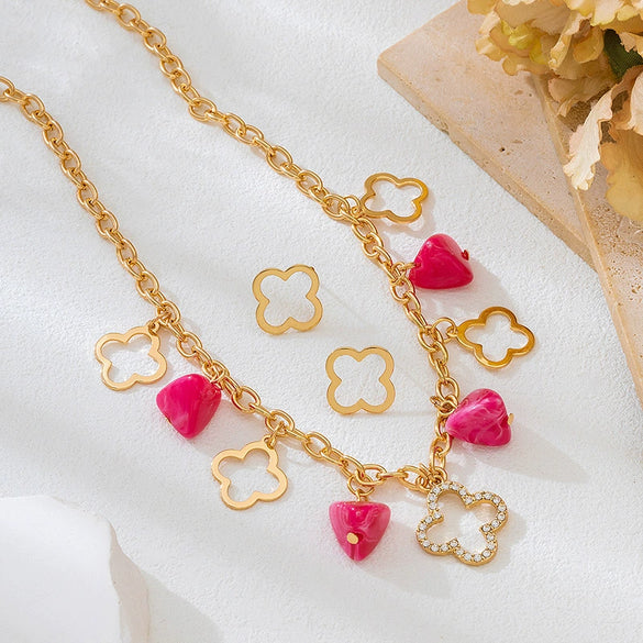 Wholesale Sweet And Cool Style Flower Shaped Zinc Alloy Electroplated Pendant Necklace And Earrings For Women
