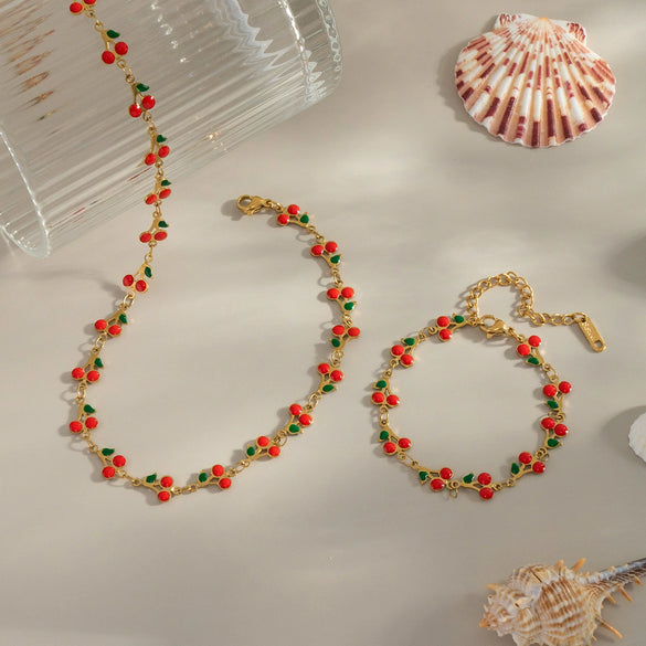 Wholesale Sweet Cherry Style Stainless Steel Hand Jewelry Set With Regular Chain And Titanium Steel Pendant Electroplated With Pvd Vacuum Real Gold
