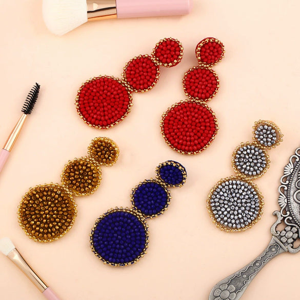 Wholesale Sweet Cute Heart Round Stitching Women's Fashion Earrings With Beads And Alloy Handmade Geometric Style