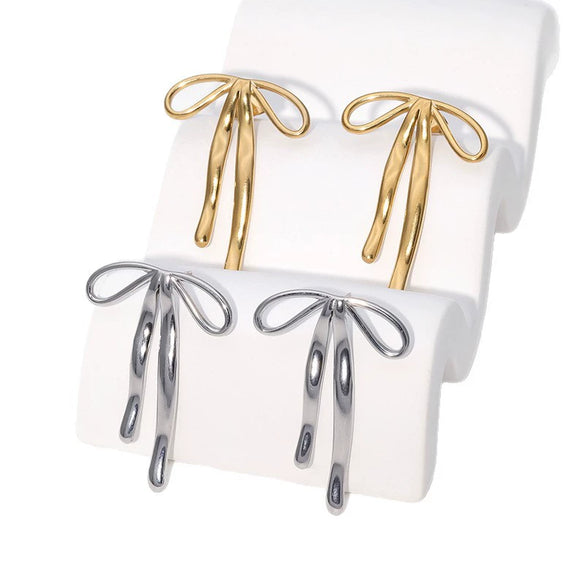 Wholesale Sweet Electroplated 18K Gold Stainless Steel Bow Earrings For Women