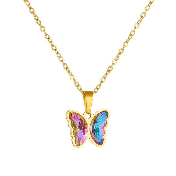 Wholesale Sweet Fresh Butterfly Suit Gradient Color Stone Pendant Necklace With Heart Flower Bow Tie Pattern Stainless Steel Jewelry Electroplated